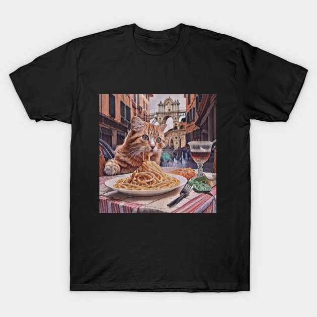 Cat Eating Spaghetti At A Table On The Streets Of Rome Italy Cat Eating Spaghetti T Shirt TeePublic